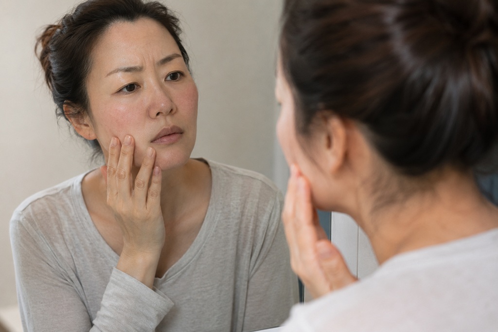 양 볼의 붉은기 및 안면홍조 증상을 거울을 보며 걱정스럽게 확인하는 여성