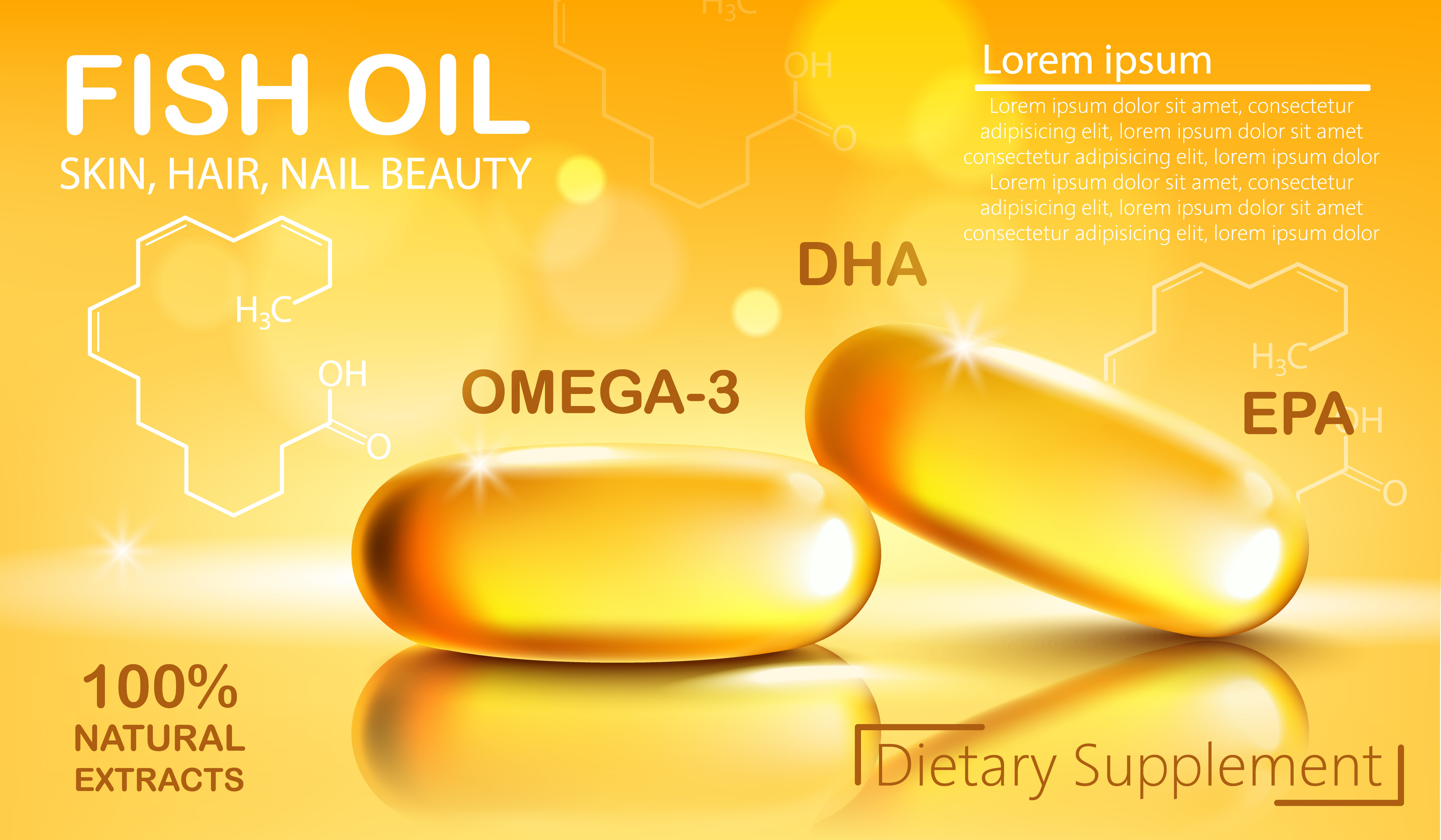OMEGA3의 주 원료인 FISH OIL의 기능성과 오메가3의 캡슐을 표현한 인포그래픽