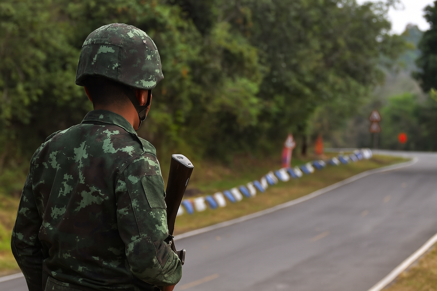 국경 경비 중인 태국 군인의 뒷모습