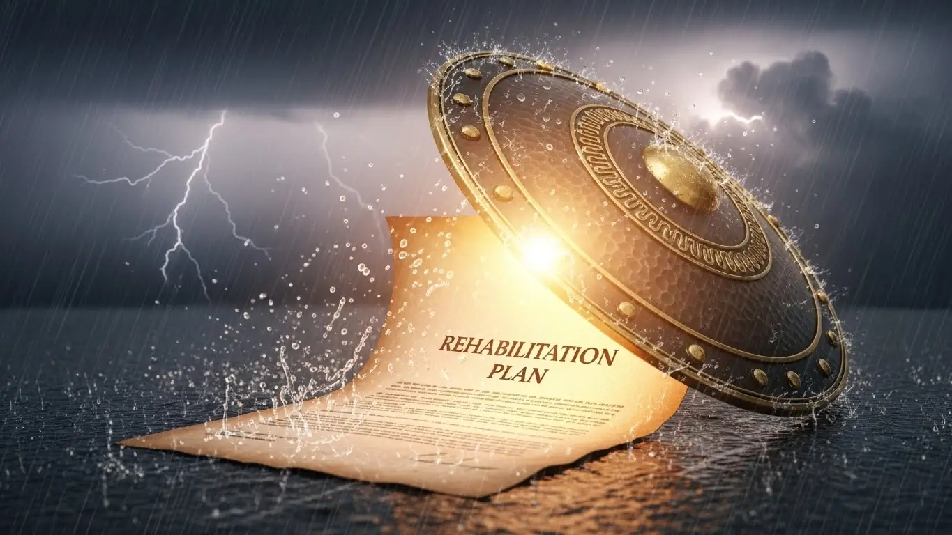 변제금 미납으로 인한 개인회생 폐지 위기를 담보 대출로 막아내는 방패 이미지