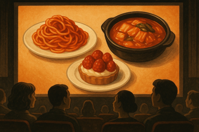 영화관 스크린 속 다양한 음식