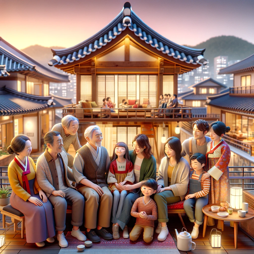 다양한 세대로 구성된 가족이 한옥에서 화목하게 시간을 보내는 모습을 상징적으로 표현