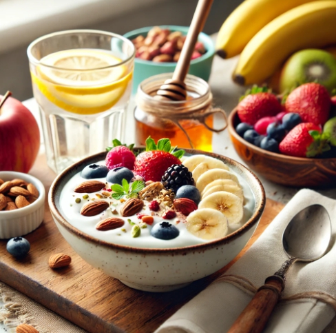 아침 공복에 좋은 음식의 총집합체 - 바나나, 요거트, 견과류,레몬수 등