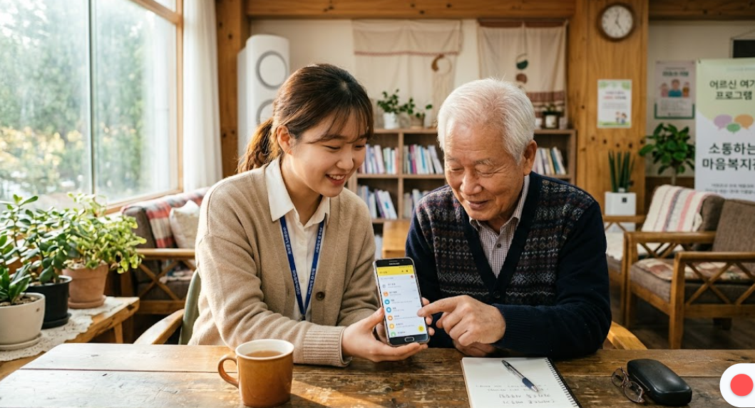 깔끔한 복장의 실습생이 어르신에게 스마트폰 사용법을 친절히 설명하는 모습