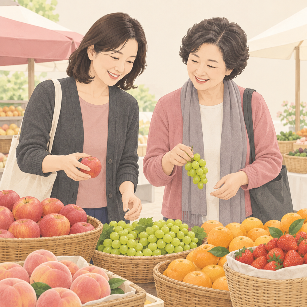 유방암 수술 후 일상 복귀 — 밝은 야외 시장에서 중년 여성이 언니와 함께 제철 과일을 고르는 모습