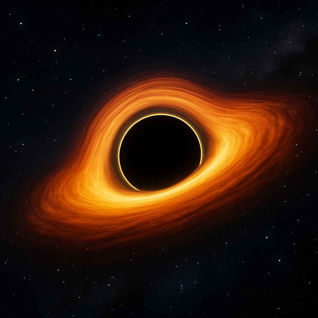 주황빛 강착원반에 둘러싸인 블랙홀의 과학적 디지털 일러스트 이미지