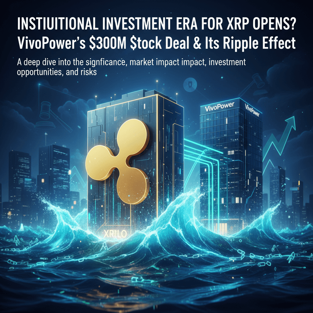 XRP 기관 투자 시대 개막을 알리는 비보파워의 3억 달러 주식 거래와 파급 효과를 표현한 이미지. XRP 로고 건물, 비보파워 빌딩, 푸른 파도 위에 빛나는 도시 전경