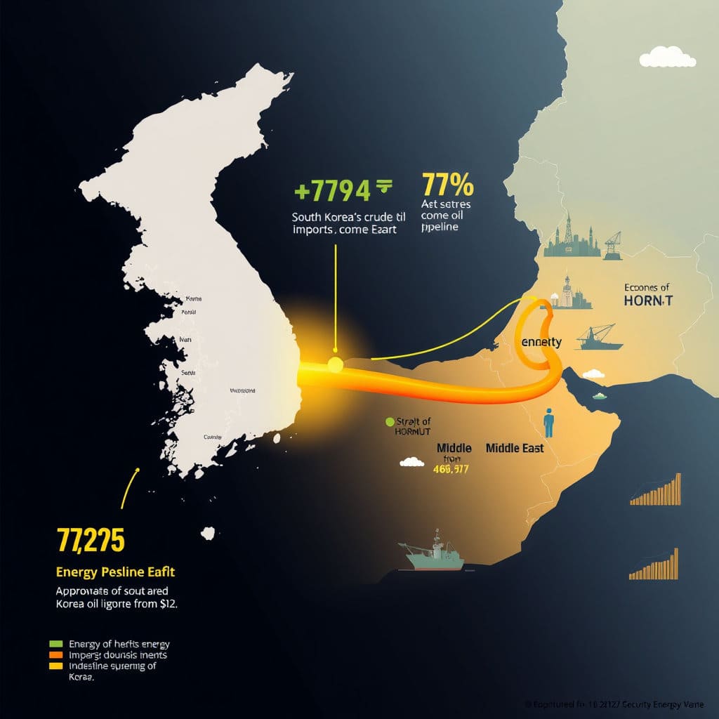 한국이 수입하는 원유의 약 70%가 중동에서 온다는 점을 강조하며, 호르무즈 해협 봉쇄가 한국 경제에 직접적인 타격을 줄 수 있음을 시각적으로 설명합니다. 에너지 안보의 중요성과 취약성을 부각합니다.