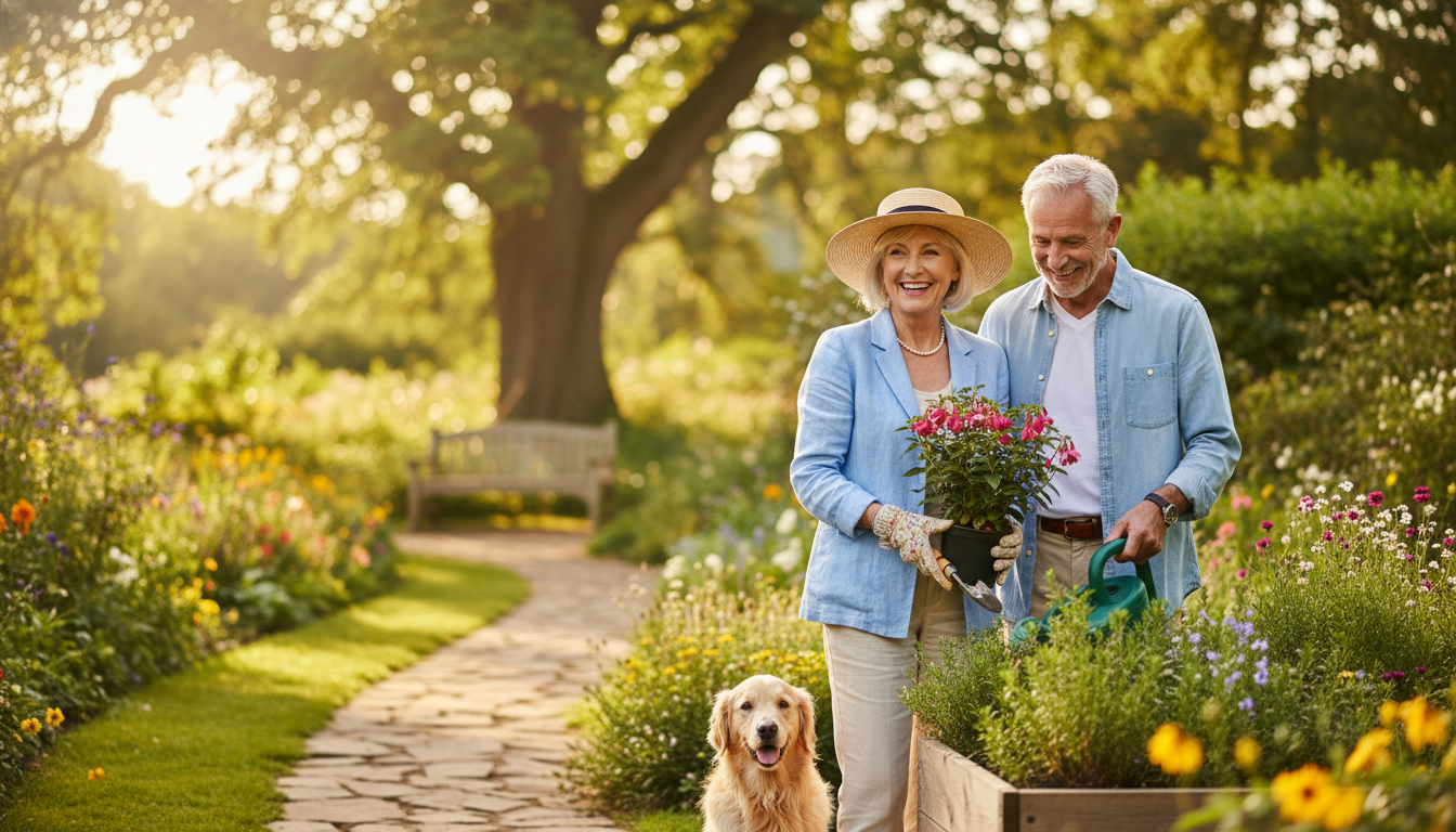공원에서 산책하거나 정원을 가꾸며 자연스럽게 웃고 있는 활기찬 시니어 부부. 야외, 밝은 자연광, 아웃포커싱, 건강하고 경제적으로 안정된 은퇴를 상징.