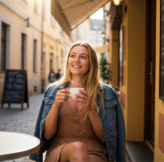 여성이 유럽 여행을 하며 커피를 마시는 모습