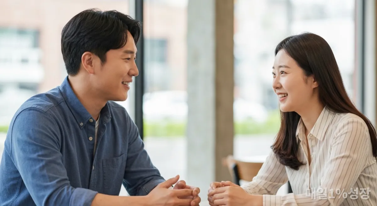 카페에서 서로에게 집중하며 대화하는 두 명의 한국인