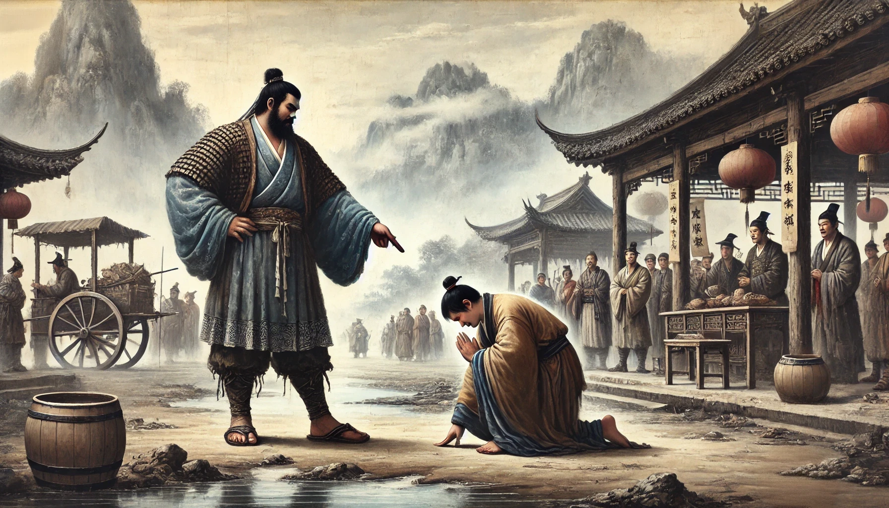 장터에서 덩치 큰 남자가 한신에게 가랑이 밑을 기어가라고 하고, 젊은 한신이 허리를 숙이고 있는 장면을 그린 이미지입니다. 주변에는 장터의 활기와 함께 구경하는 사람들, 안개 낀 산과 강이 배경을 이루어 역사적 순간의 분위기를 강조합니다.
