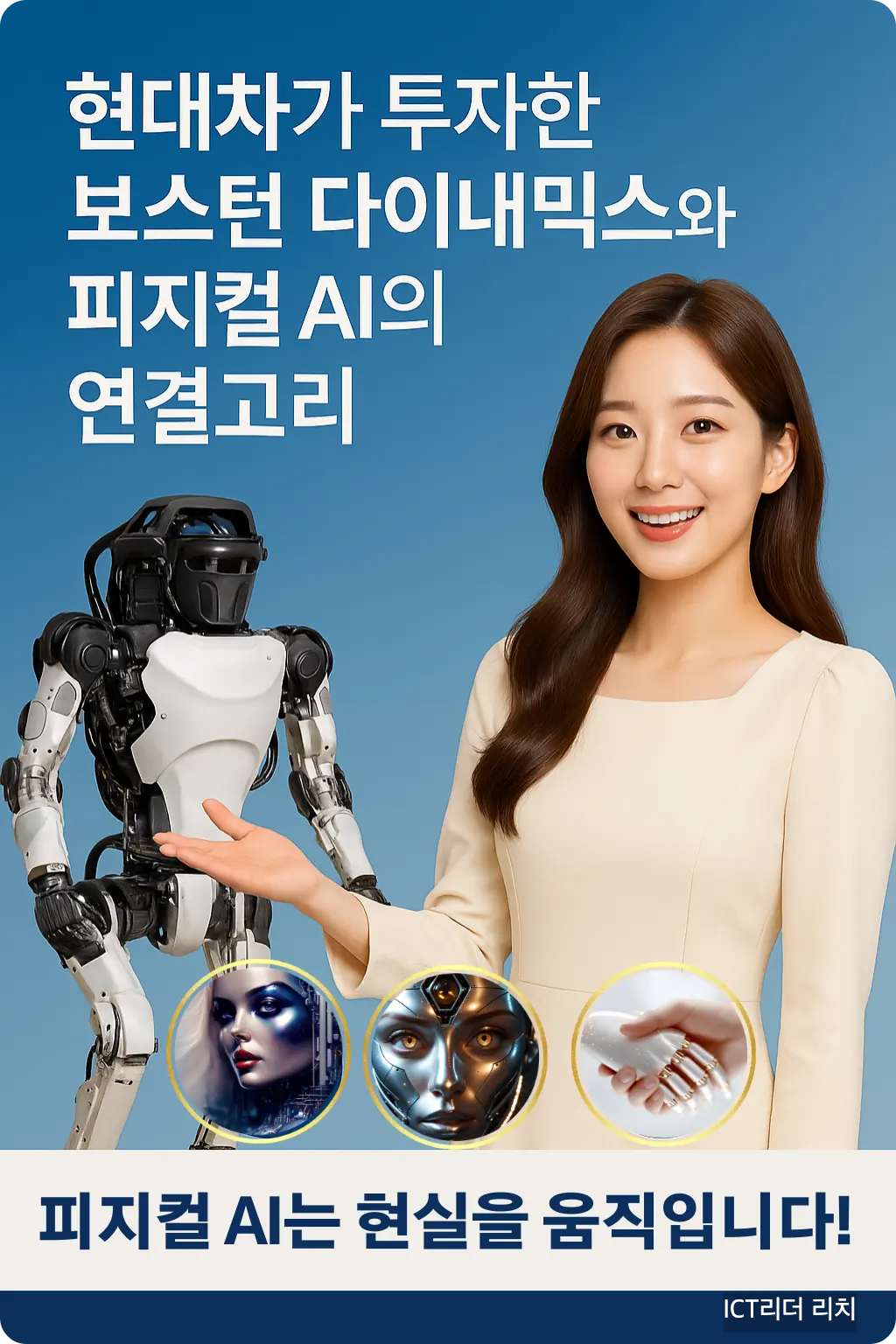밝고 환한 미소를 띤 20대 여성 전문가가 피지컬 AI와 현대차의 로봇 투자에 대해 손짓으로 설명하는 고화질 인포그래픽