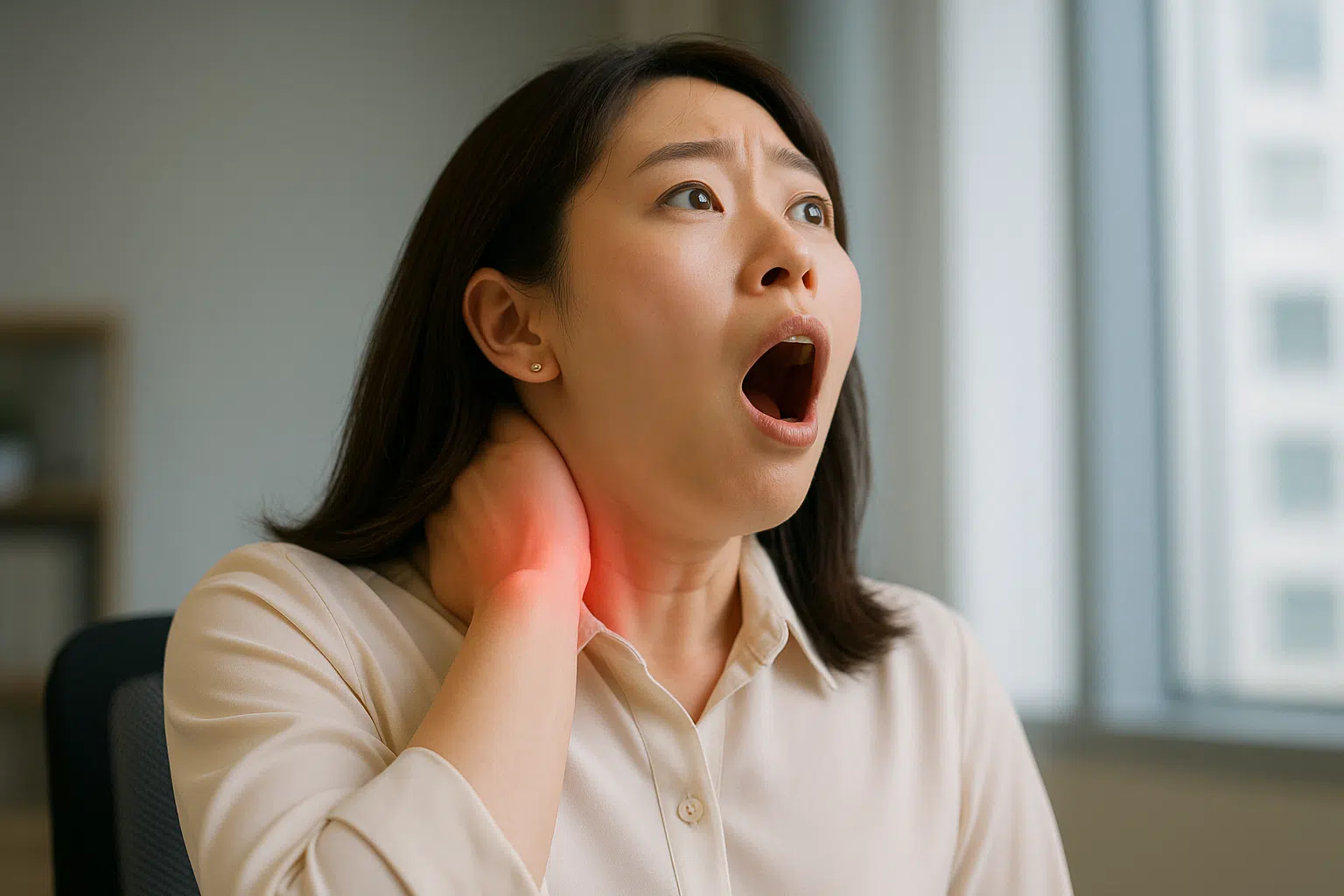 하품하며 고개를 젖히는 한국인 여성이 놀란 표정으로 목 뒤를 살짝 짚는 모습
