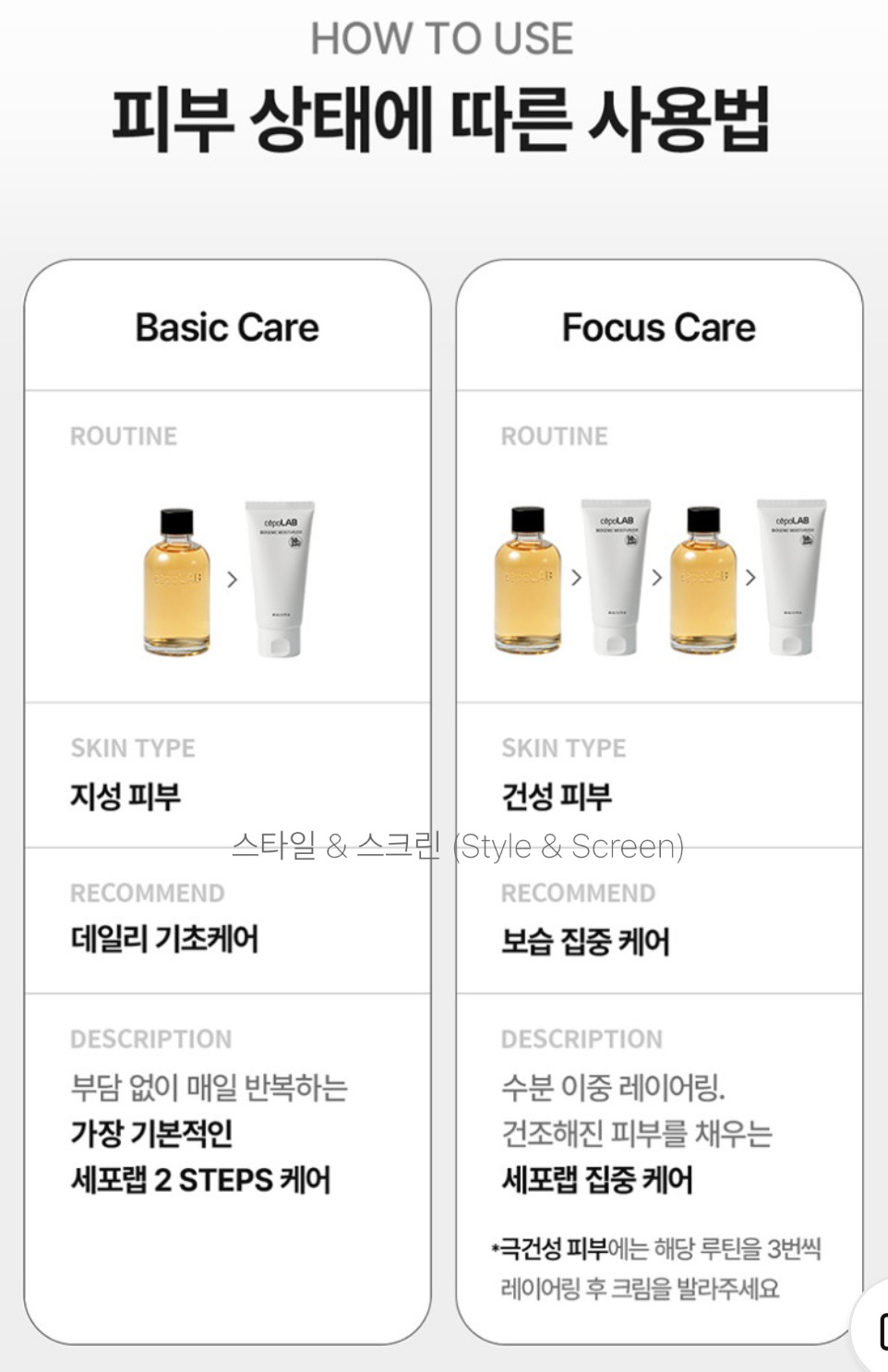 세포랩(c&ecirc;poLAB)의 피부 상태에 따른 제품 사용법(HOW TO USE) 안내 이미지. 지성 피부를 위한 '베이직 케어(Basic Care)'와 건성 피부를 위한 '포커스 케어(Focus Care)' 두 가지 루틴으로 나뉘어 있습니다. 베이직 케어는 지성 피부용 데일리 기초케어로 에센스와 모이스처라이저를 부담 없이 매일 반복하는 가장 기본적인 2 STEPS 케어입니다. 포커스 케어는 건성 피부용 보습 집중 케어로 에센스, 모이스처라이저, 에센스, 모이스처라이저 순서로 수분을 이중 레이어링하여 건조해진 피부를 채우는 세포랩 집중 케어입니다. 하단에는 극건성 피부의 경우 해당 루틴을 3번씩 레이어링한 후 크림을 발라달라는 안내가 포함되어 있습니다.