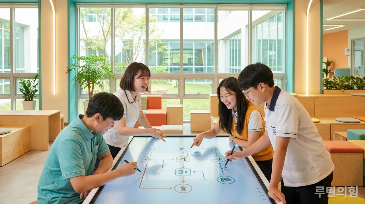 한국 학생들이 디지털 화이트보드에서 협력하여 문제를 해결하는 모습