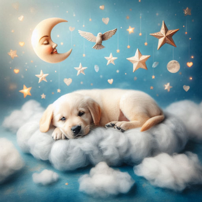 구름 위에 누워있는 강아지와 별, 달, 천사가 떠있는 밤하늘의 꿈같은 장면.