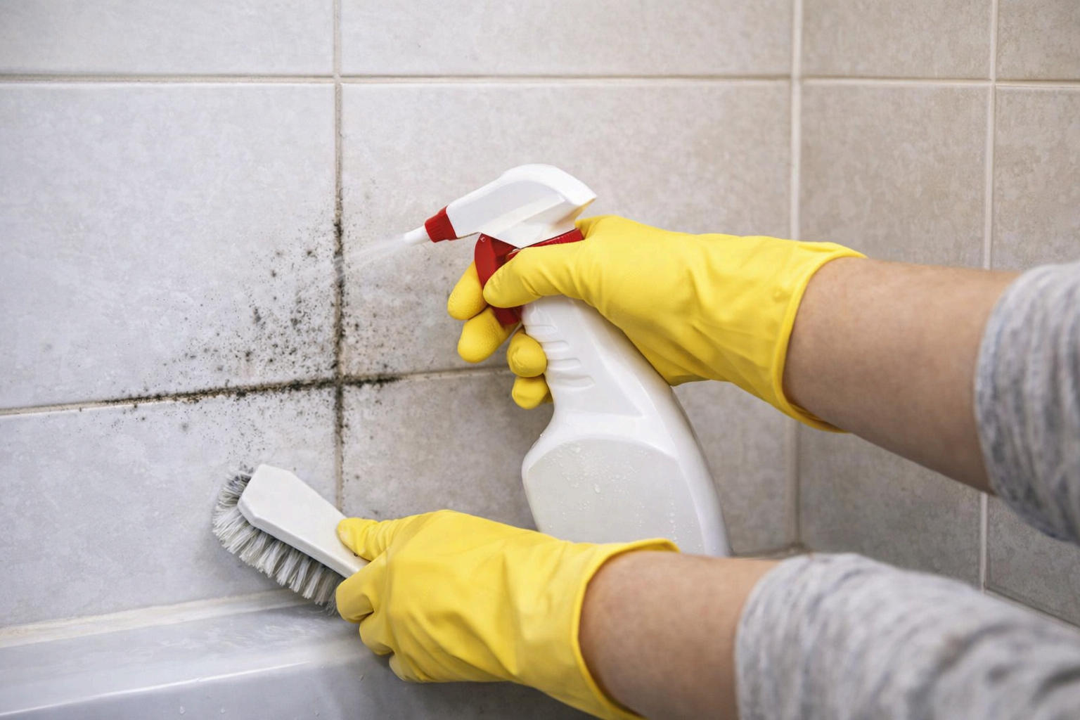 욕실 벽 타일 곰팡이 제거 스프레이로 청소하는 모습