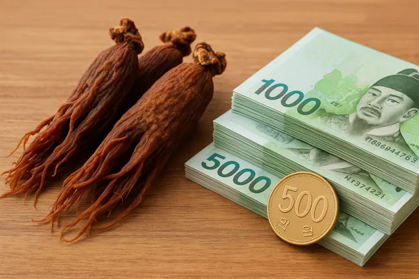 홍삼과 한국 지폐 및 500원 동전