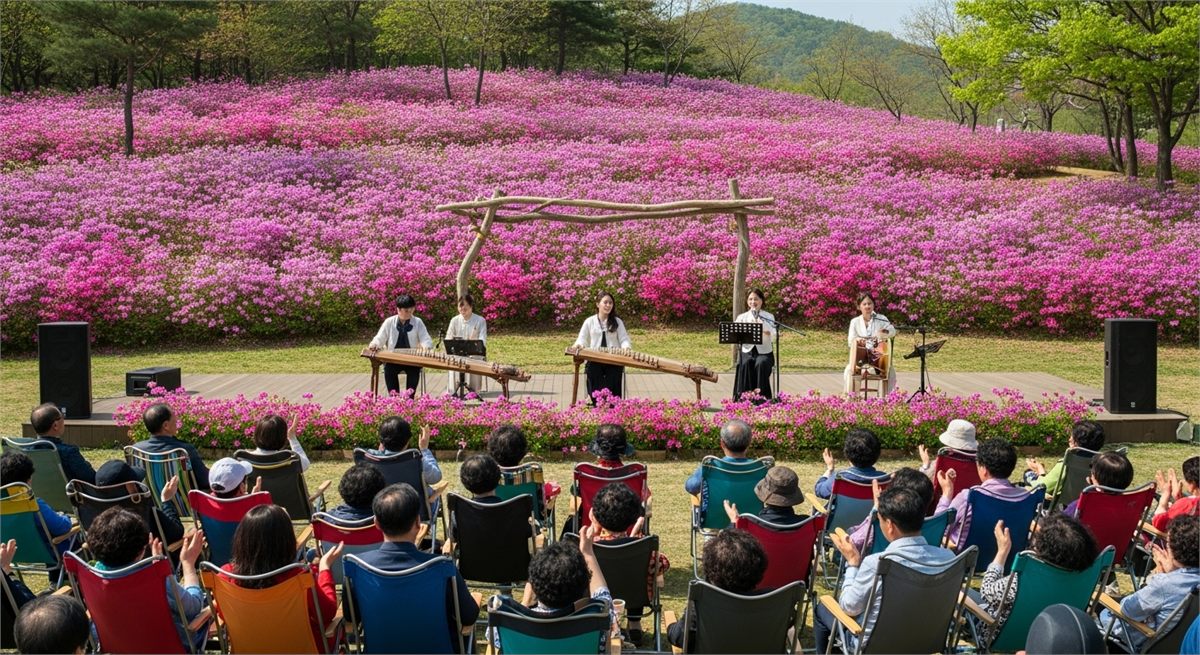 철쭉동산을 배경으로 열린 야외 공연과 관람객 풍경