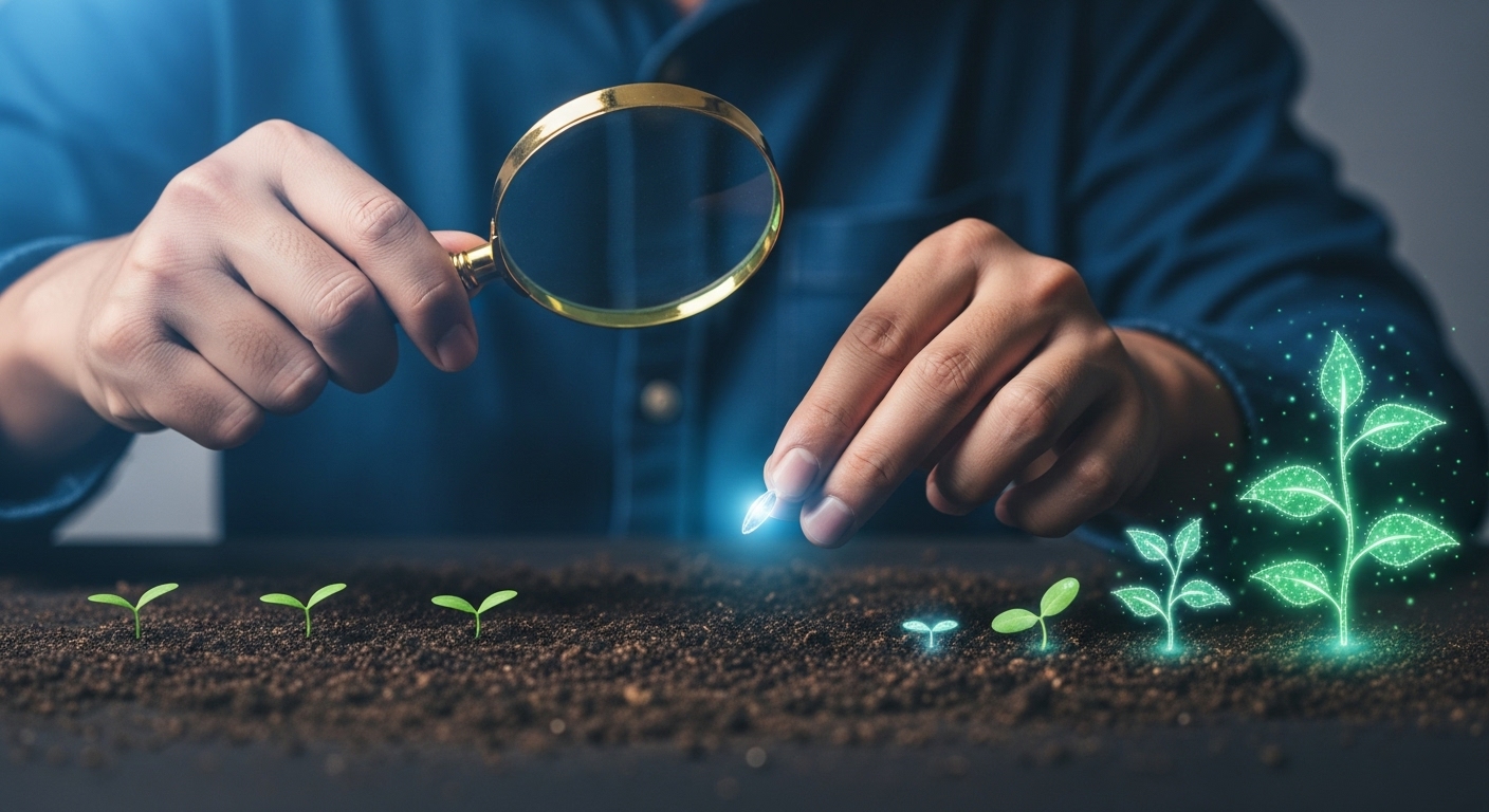 작은 씨앗을 심고 인내심을 가지고 키워나가는 모습으로, 소액 투자를 통해 꾸준히 성장하는 암호화폐 자산을 비유적으로 표현.