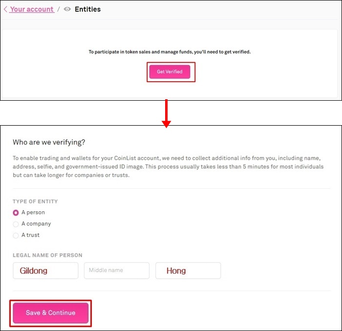 Get verified를 누른 후 Type of entity를 사람을 선택함