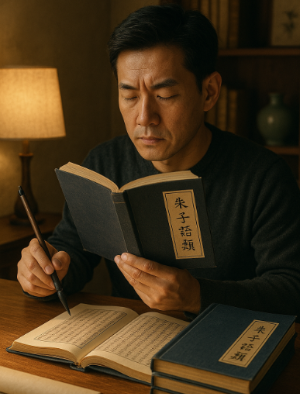 오래된 서책과 붓이 놓여있는 동양적인 서재의 풍경. 주자와 『주자어류』의 역사적, 철학적 깊이를 상징