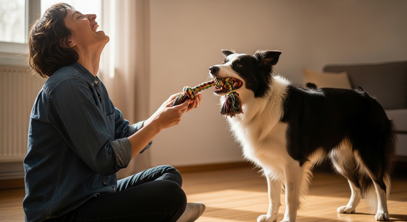 보호자와 보더콜리가 함께 과제 훈련을 하며 즐겁게 교감하고 있는 모습
