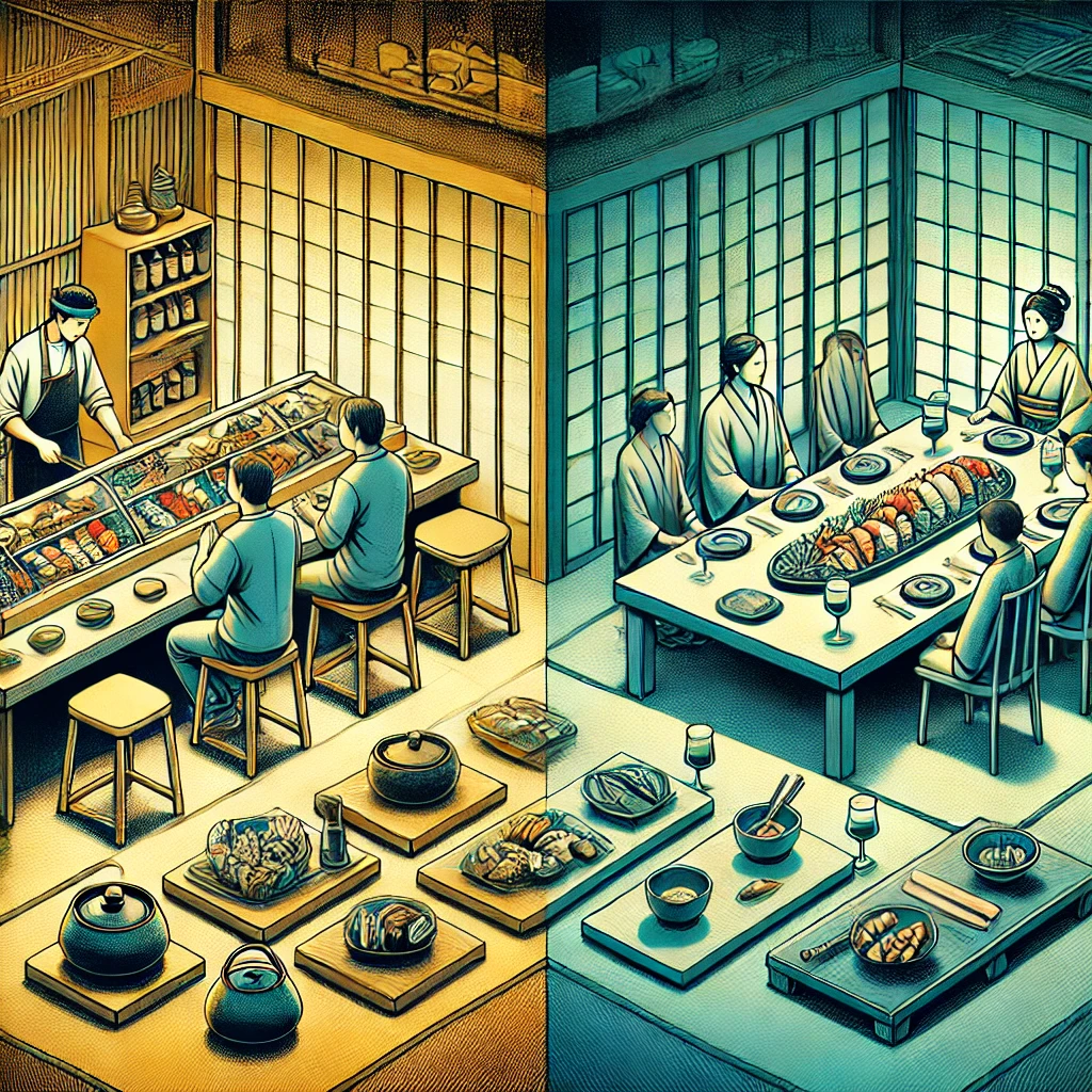 오마카세와 가이세키의 차이점을 표현한 그림