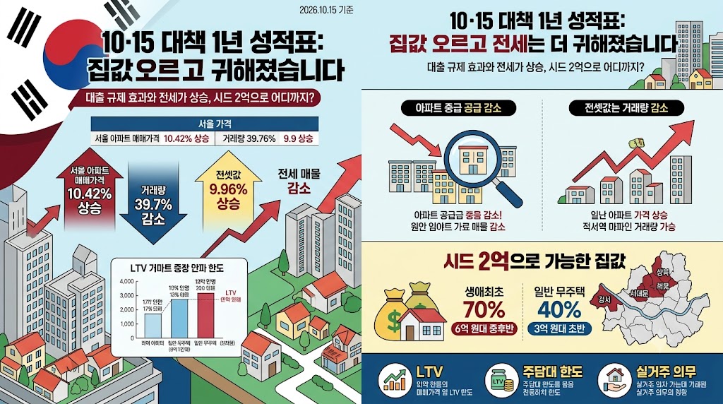 2026년 10·15 부동산 대책 1년 후 서울 집값 10.42% 상승, 전세가 폭등·주담대 규제 총정리|시드 2억으로 내 집 마련 가능할까? 관련사진