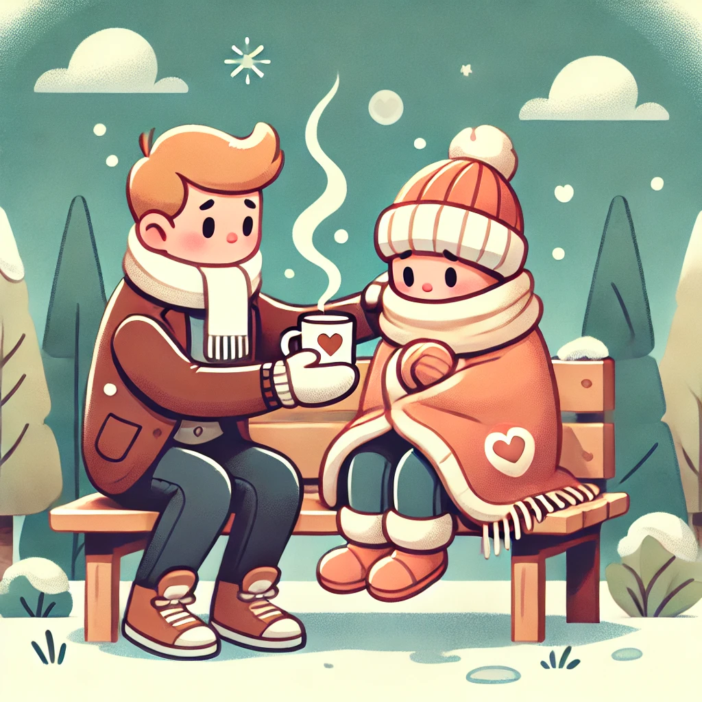 추운 날씨에 벤치에 앉아 따뜻한 음료를 마시며 담요를 받는 모습