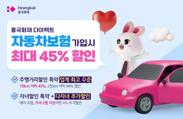 흥국화재 다이렉트 자동차보험 할인 혜택 주행거리 다자녀 티맵 운전점수 어라운드뷰 장착 특약