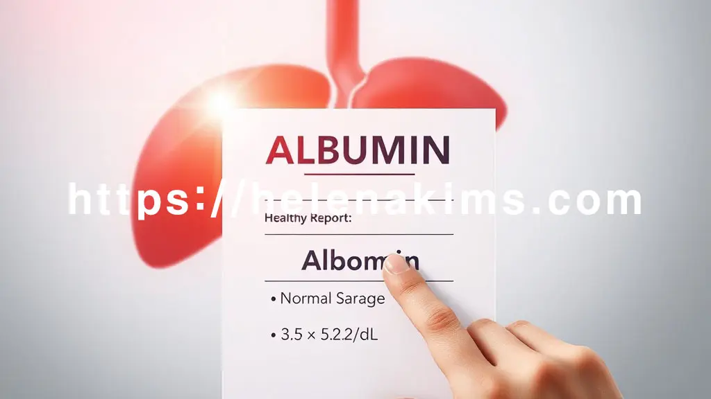 깔끔한 디자인의 건강검진표가 중앙에 놓여 있고, 그 위에 '알부민 (Albumin)' 항목과 '정상 범위 (3.5 ~ 5.2 g/dL)' 수치가 명확하게 강조되어 있다.