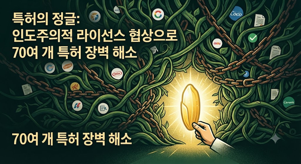 골든라이스 개발에 얽힌 70여 개의 복잡한 특허권들을 얽히고설킨 덩굴과 자물쇠로 표현했습니다. 이 장벽을 스위스 기업 신젠타(Syngenta)가 앞장서서 풀어내며, 개발도상국 농민을 위해 '로열티 무료'라는 열쇠로 자물쇠를 여는 순간을 상징적으로 보여줍니다.