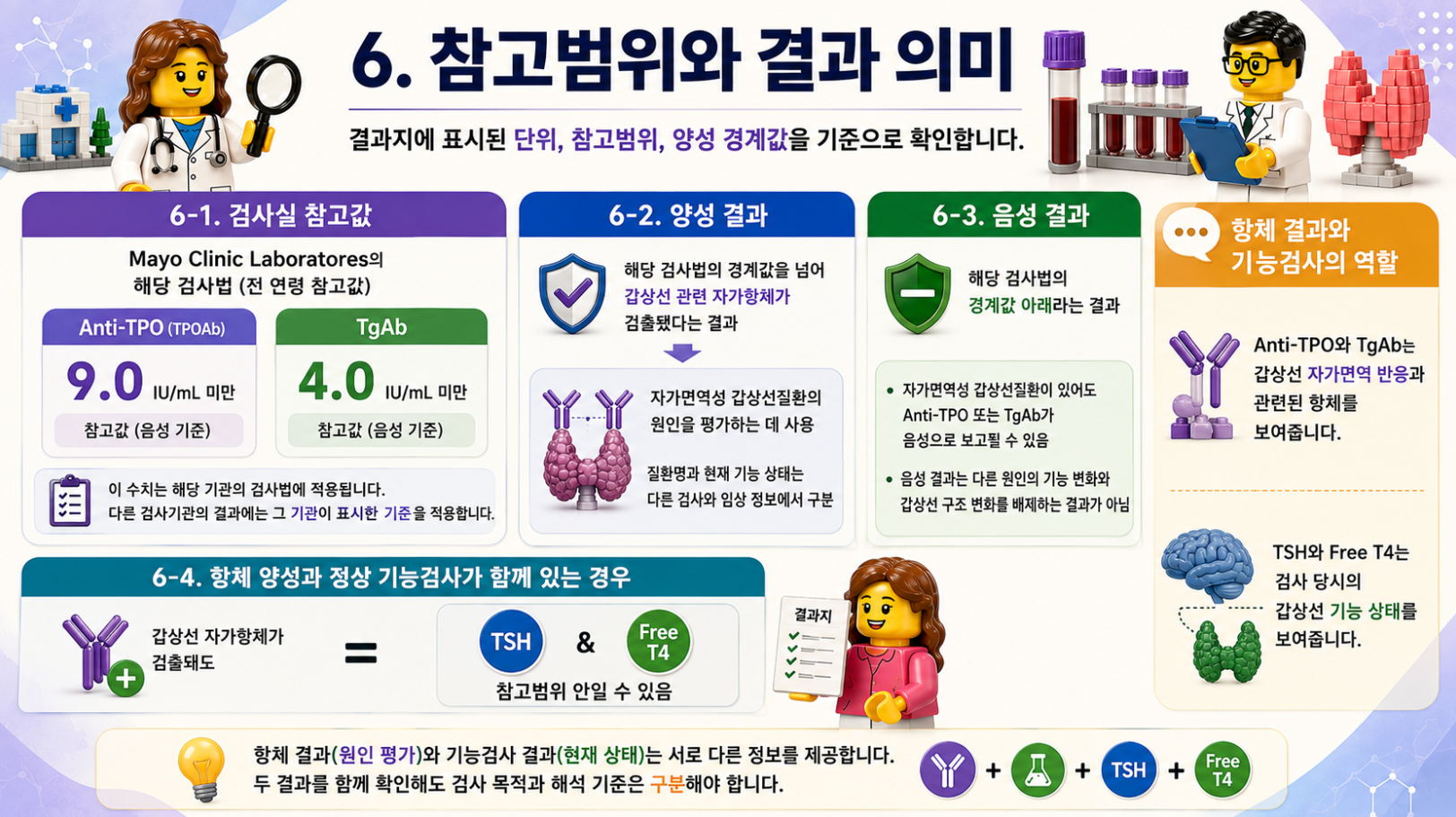 Anti-TPO·TgAb 참고범위, 양성·음성 결과의 의미와 정상 기능검사와의 관계를 설명한 레고 스타일 메디컬 인포그래픽