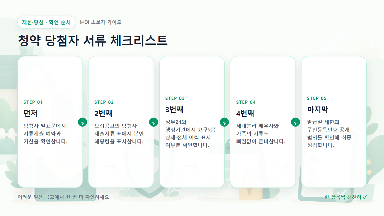 청약 당첨자 서류 체크리스트 확인 순서를 다섯 단계로 보여주는 흐름도