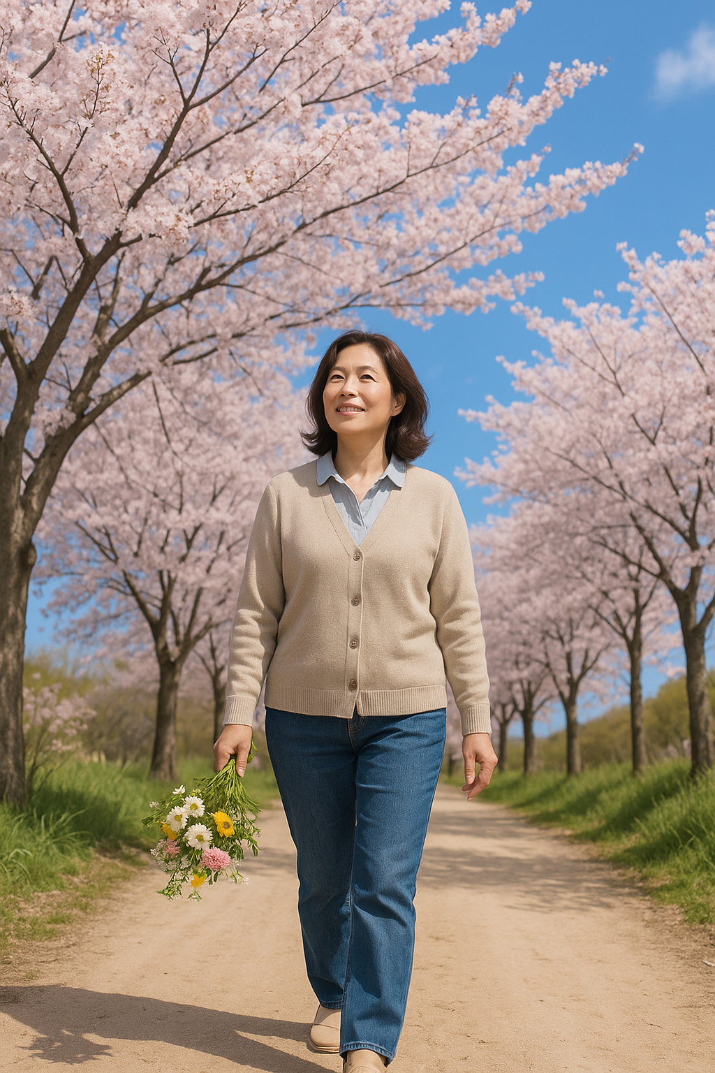 봄꽃 만개한 시골길을 따라 산책하는 50대 여성, 한 손에는 꽃다발, 배경은 흐드러진 벚꽃과 파란 하늘