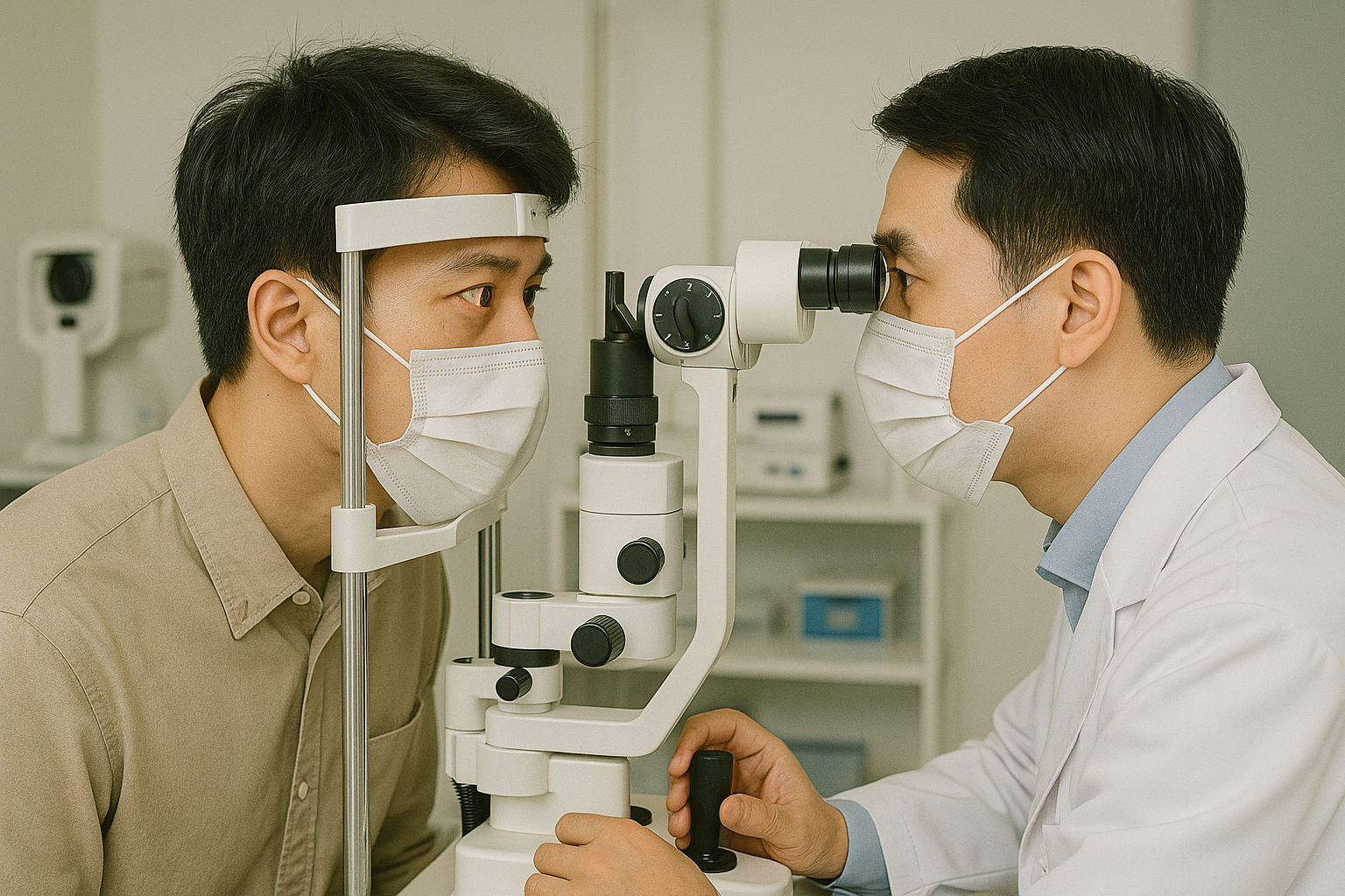 베체트병 안구 합병증 검사를 받는 남성 환자