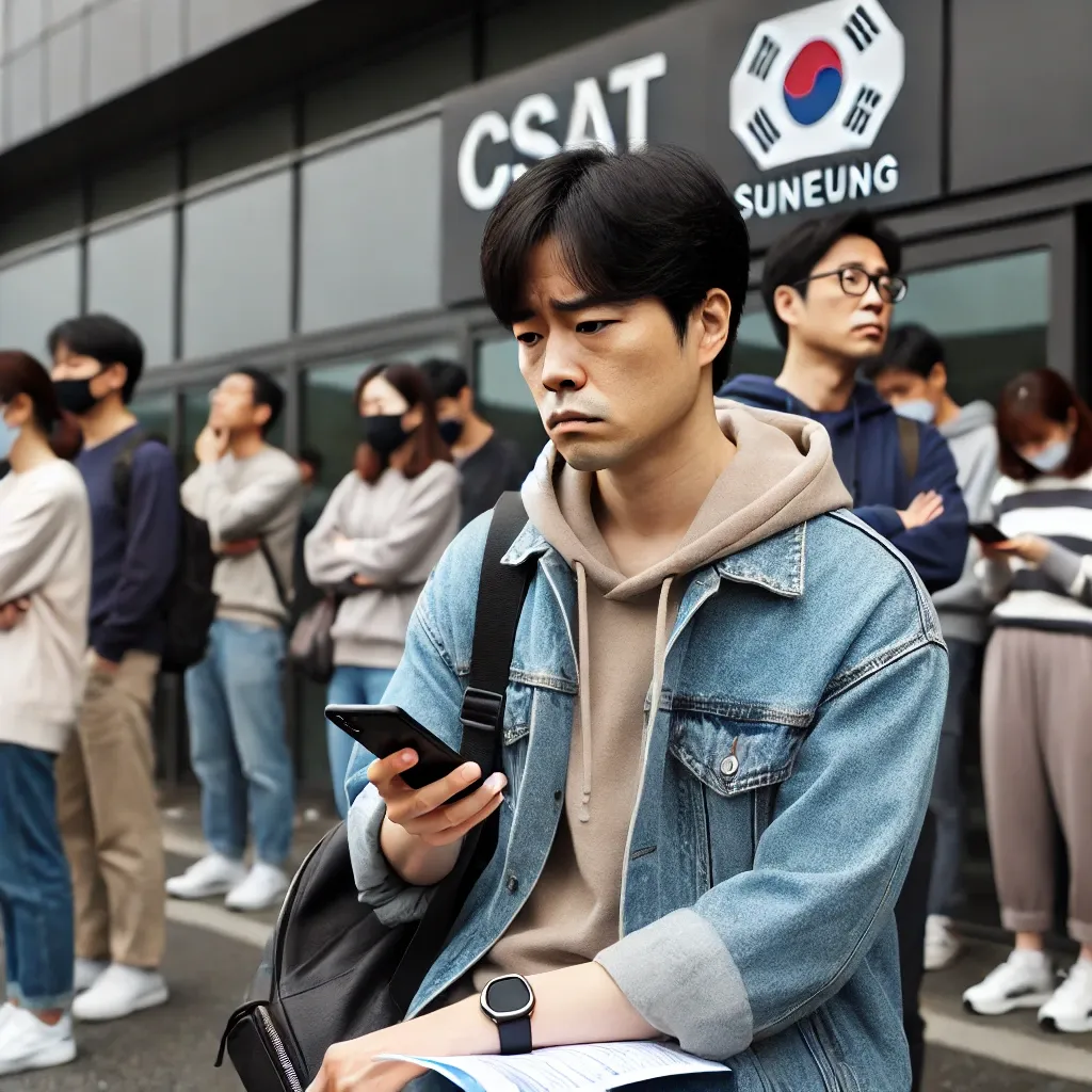 수능 시험장 밖에서 자녀를 기다리며 걱정하는 한국 학부모&amp;#44; 스마트폰을 들고 시간을 확인하는 모습