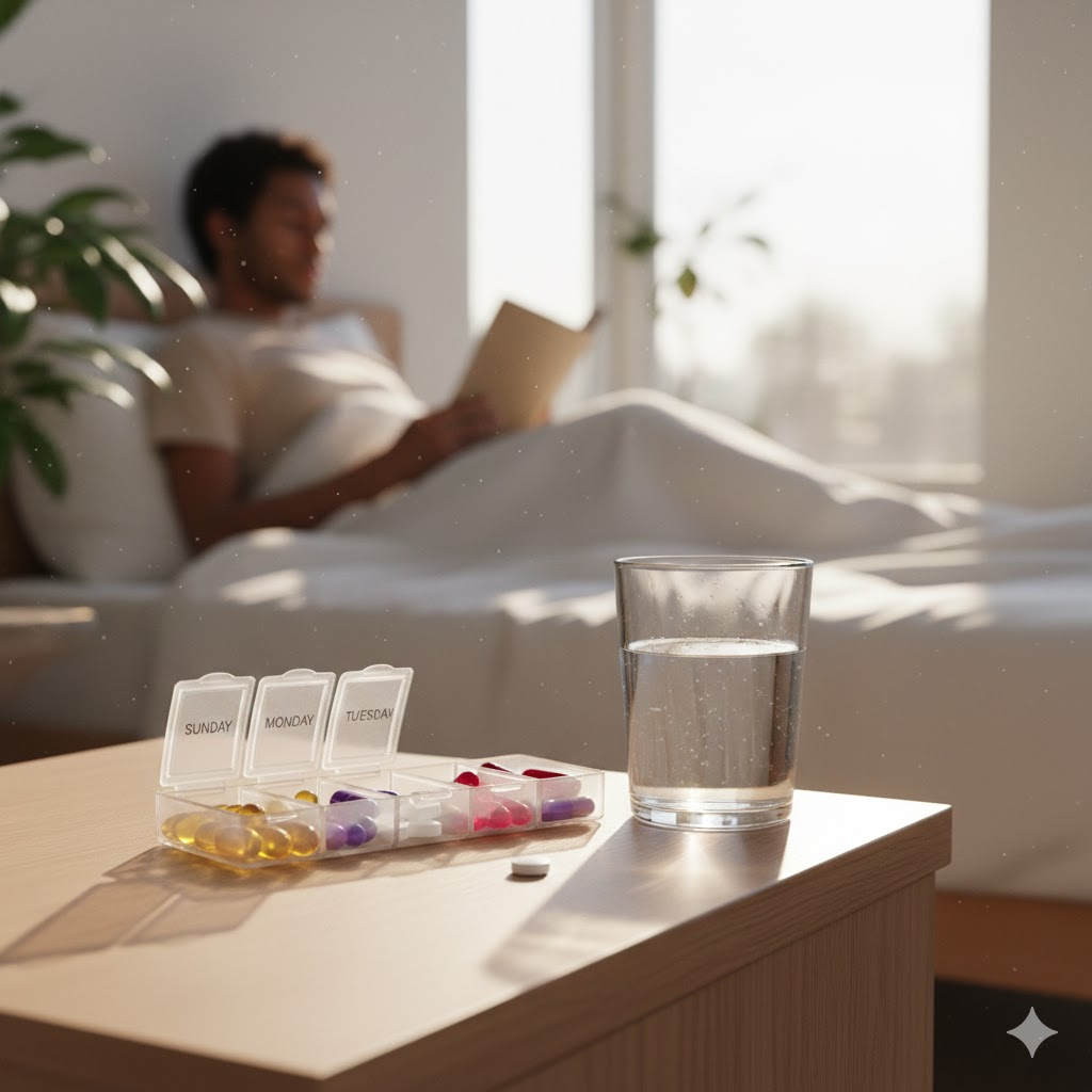 깔끔하게 정리된 약통과 물 한 잔, 햇살이 비치는 침대 옆 협탁