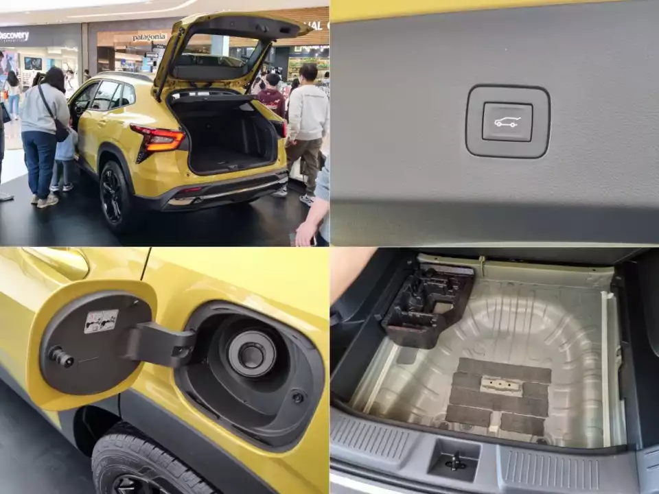 트랙스 크로스오버의 테일게이트 주변과 주유구를 살핀 모습입니다.