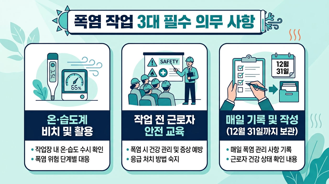 폭염작업 부수 의무 3가지(온습도계&middot;교육&middot;기록)를 보여주는 인포그래픽