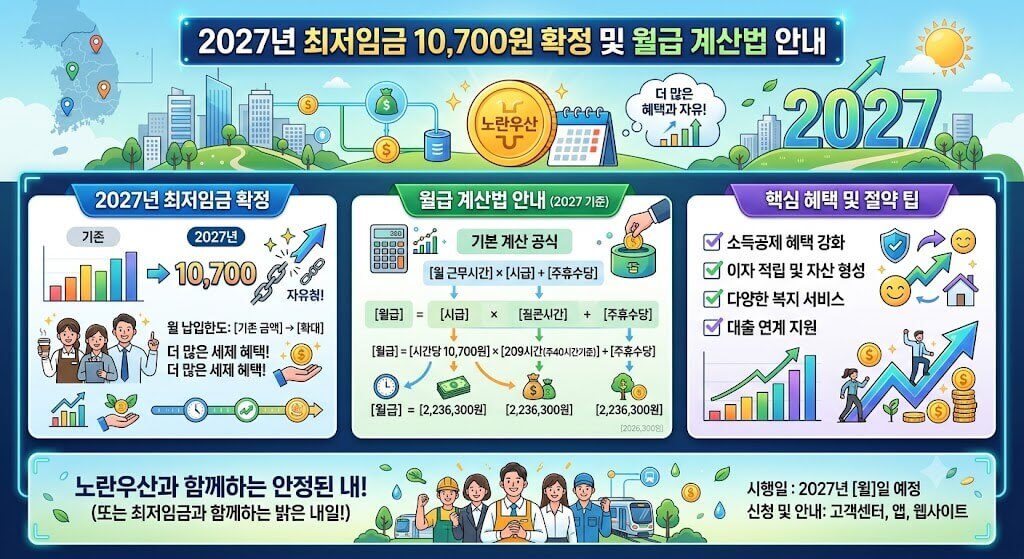 2027년 최저임금 10,700원 확정 및 월급 계산법 안내 인포그래픽