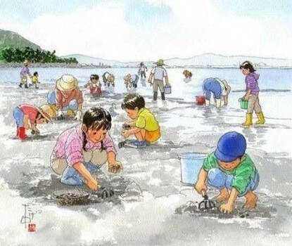 백사장에서-조개를-캐는-어린이들-일러스트