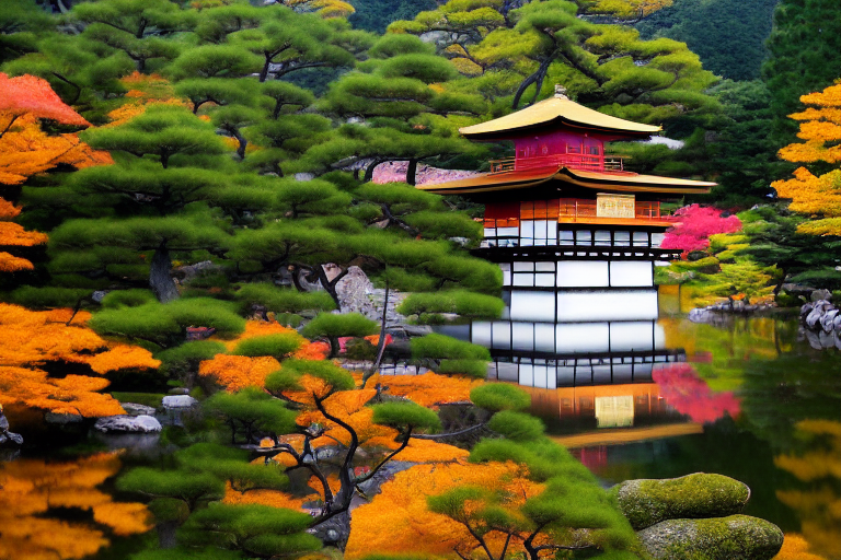 단풍-소나무-잔잔한호수-킨카쿠지사원