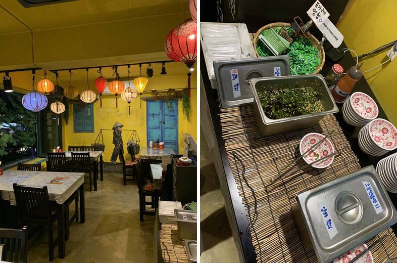 베트남스러운 벽화와 조명 및 간장소스와 양파절임