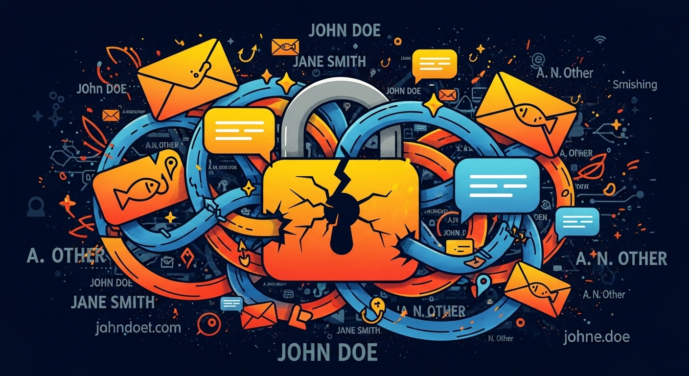 피싱 이메일, 스미싱 문자 메시지, 부분적으로 손상된 자물쇠 아이콘이 개인 정보 조각들과 함께 얽혀있는 추상적인 경고 이미지. 잠재적인 2차 피해 위협을 나타냅니다.