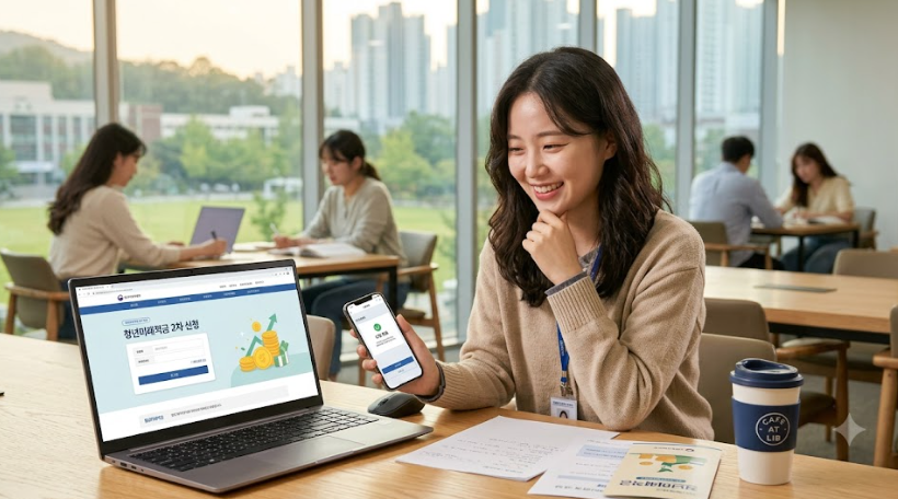 altalt="스마트폰과 노트북으로 청년미래적금 2차 신청 및 금리 혜택을 확인하는 청년 일러스트"
