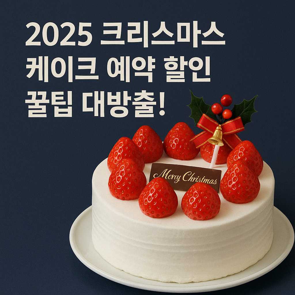2025 크리스마스 케이크 예약 할인 꿀팁 썸네일 이미지, 딸기 생크림 케이크와 크리스마스 장식, 연말 케이크 사전예약 할인 정보