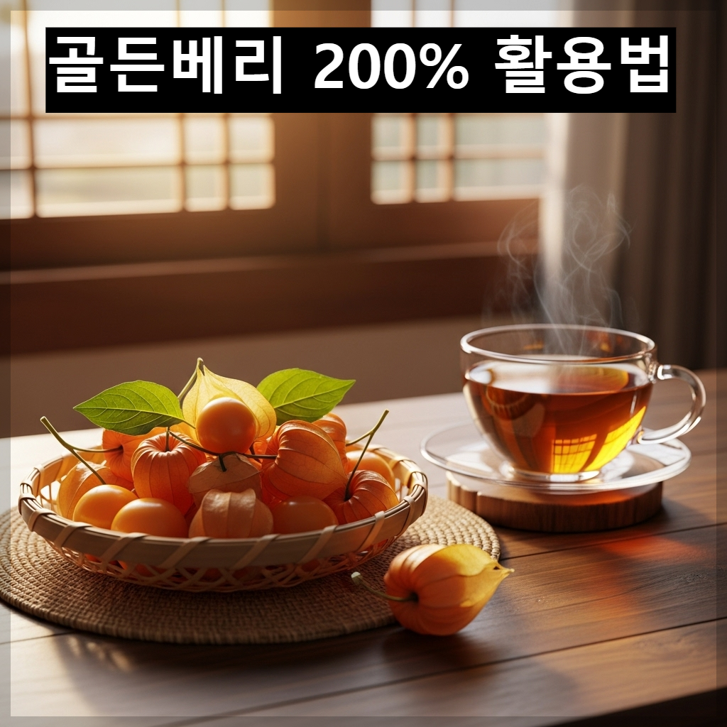 한국 전통 찻상 위에 놓인 라탄 바구니에 잘 익은 주황빛 골든베리가 담겨 있고, 그 옆에 따뜻한 김이 모락모락 나는 찻잔이 놓여 있는 편안한 모습